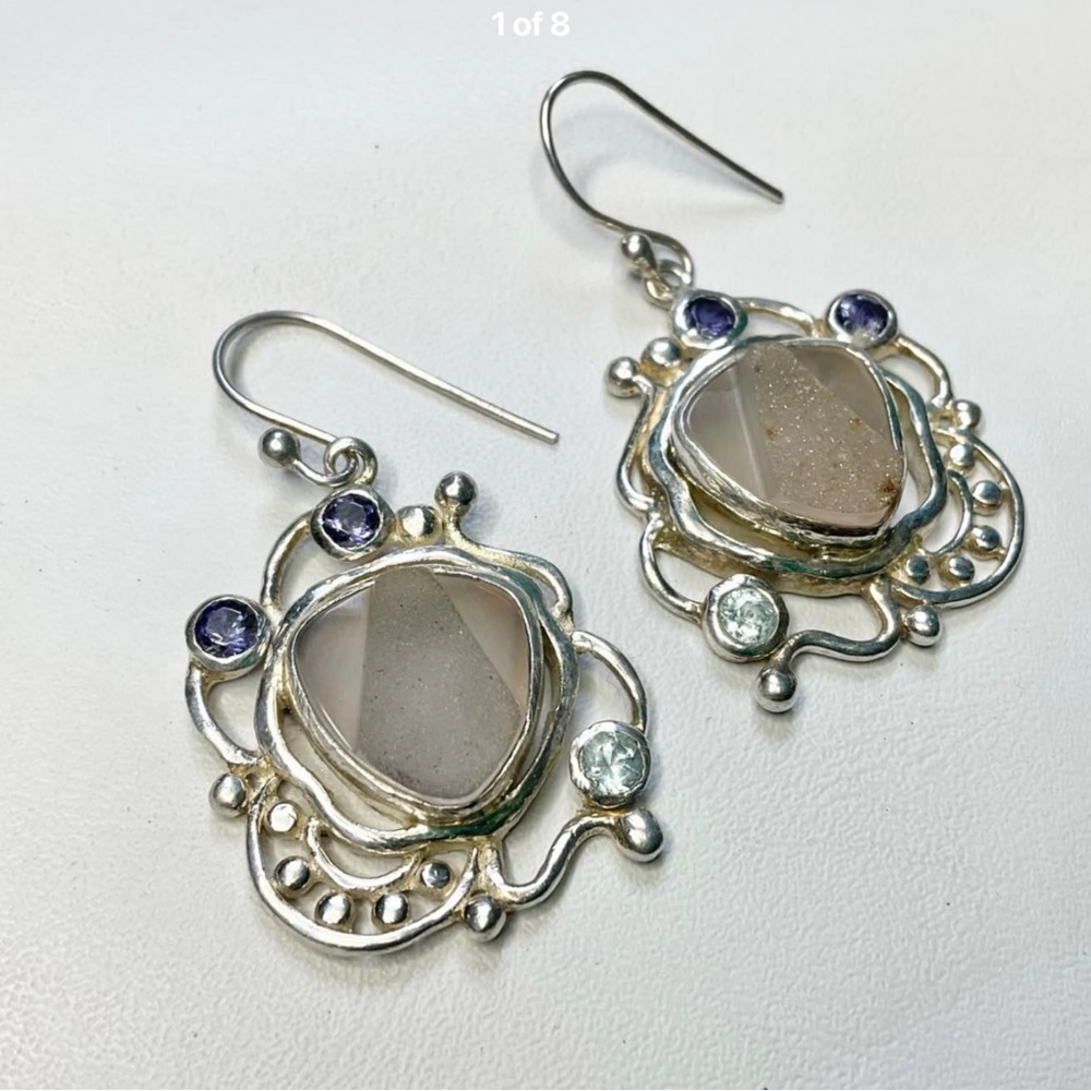 Sterling Silver Earrings Big Drop Druzy Iolite Topaz Stones